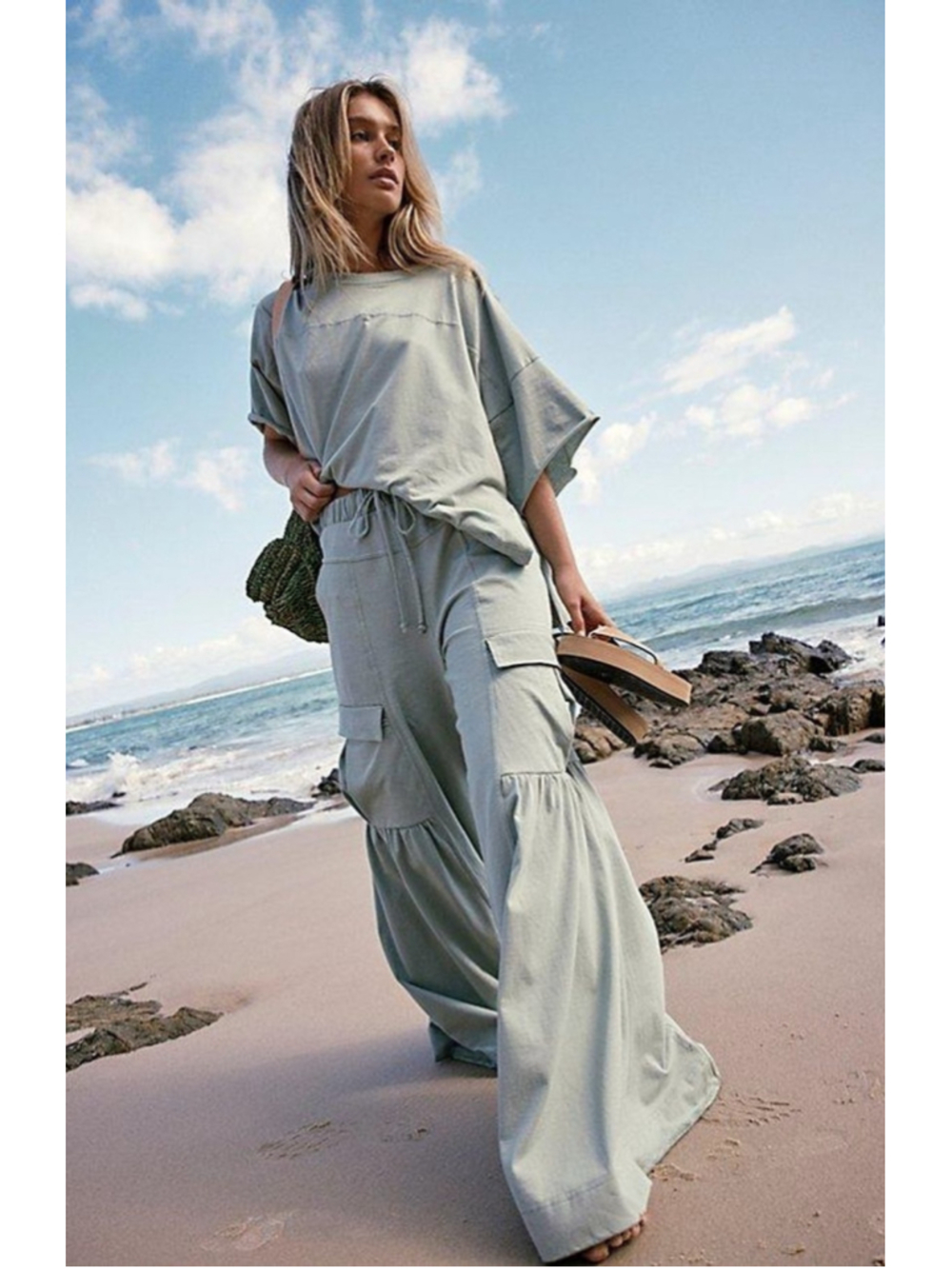 Free People Beach "Russell" Wide-Leg Cargo Set Size L Army/Olive Green Colorway